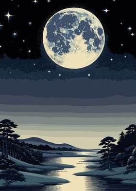 Ukiyo-E Full Moon Night Landscape