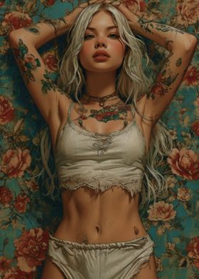 Tattooed Woman in Floral Setting