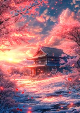 Japanese Sakura Snow Sunset