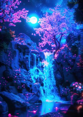 Night Waterfall with Cherry Blossoms