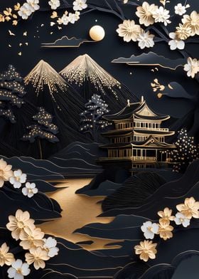 Japanese Papercut Landscape Kintsugi Fuji Japan