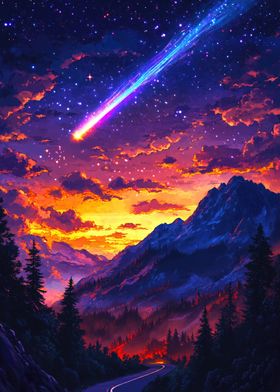 Mountain Sunset with Shooting Star