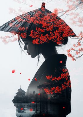 Japanese Woman with Cherry Blossoms