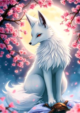 White Fox Under Cherry Blossoms