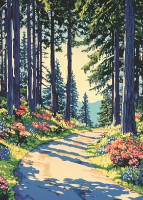 Forest Path with Flowers, Cute Anime style sunlight forest road