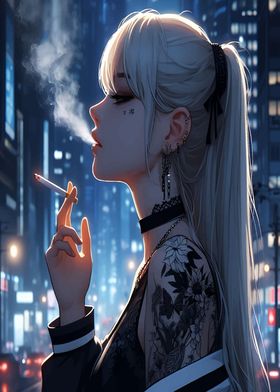 Anime Girl Smoking in City