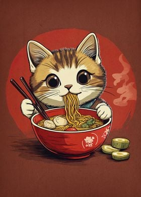 Cute Cat Eating Ramen