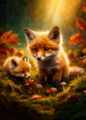 Fox Kits in Autumn Forest