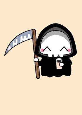 Cute Grim Reaper with Coffee