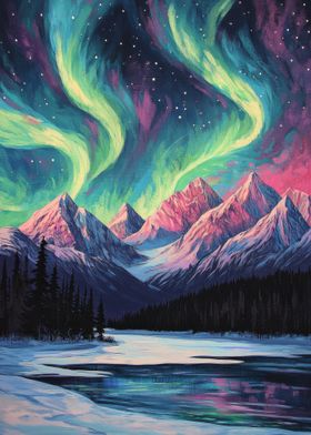 Aurora Borealis Mountain Landscape, wavey natural lights in sky, lake Snowy mountains