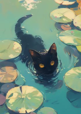 Black Cat in Water Lilies