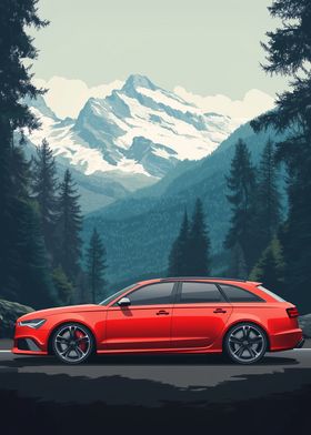 Red Audi in Mountain Landscape