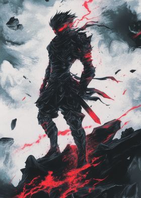 Dark Warrior with Red Eyes, Warrior with sword, Dark Night , warrior standing on mountain