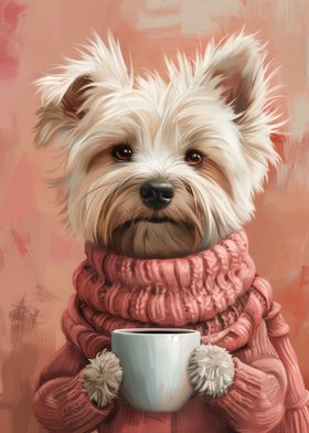 Dog in Pink Sweater with Coffee