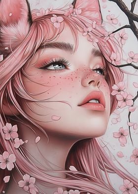 Pink-Haired Girl with Cherry Blossoms