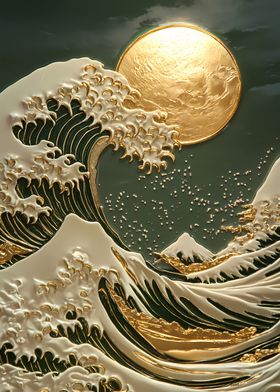 Great Wave Kanagawa Moon Japanese 3D Art