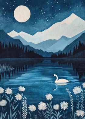 Moonlit Lake with Swan, lightning stars full moon, snowy abstract mountains and lakeside bloom white flowers 