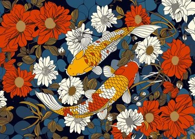 Koi Fish and Flowers