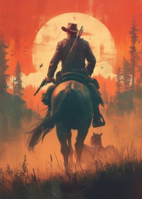 Cowboy Riding into Sunset