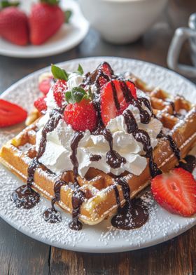 Waffle with Whipped Cream and Strawberries