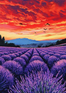 Lavender Sunset, Lavender Farm, Vibrant orange sunset