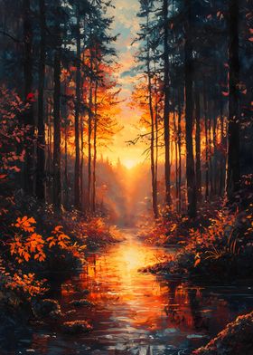 Forest Sunset Autumn lake painting