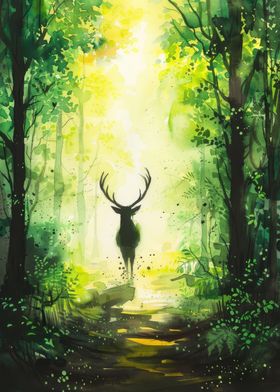 Watercolor Deer in the Forest