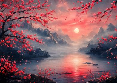 Cherry Blossom Sunset Landscape