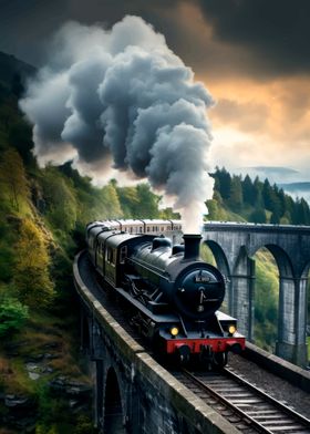 Steam Train on Bridge