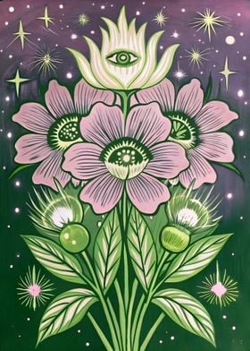 Surreal Mystical Eye Flowers Under Cosmic Night Sky