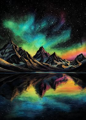 Aurora Borealis Mountain Lake Crayon Art