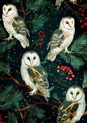 Winter Owls on Pine Branches