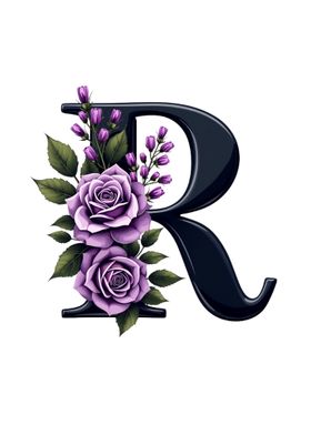 Floral Letter R - monogram name floral black initial letter R English alphabet cute pretty colorful roses lavender purple flowers