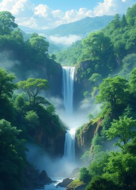 Waterfall in Lush Forest