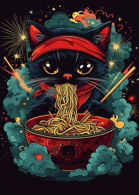 Black Cat with a red bandana enjoying eating ramen noodles