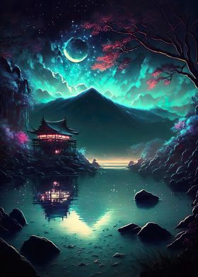 Japanese Temple Night Scene