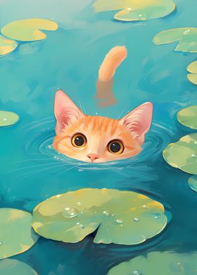 Cute Orange Cat in Water