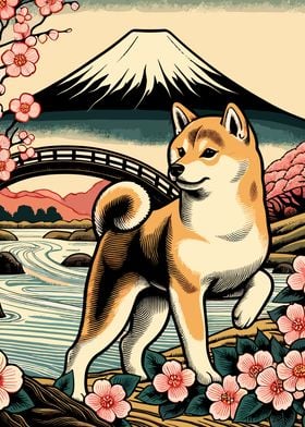 Shiba Inu with Mount Fuji