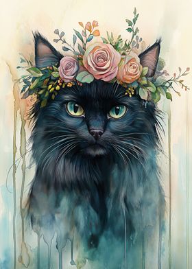 Black Cat with Floral Crown