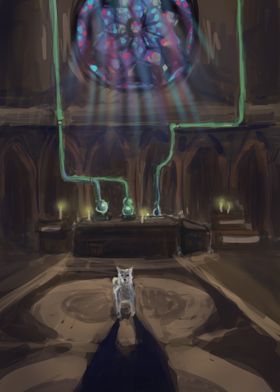 Dog in a gothic alchemy lab