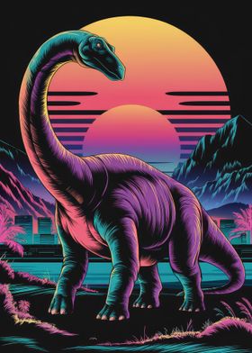 Retro Vaporwave Dinosaur Sunset