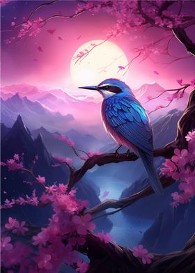 Blue Bird in Cherry Blossom Tree