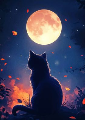 Cat Gazing at the Moon