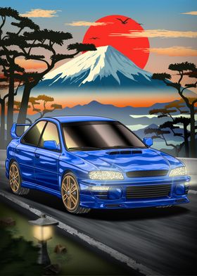 Subaru Impreza WRX 22B driving in front of Mt. Fuji