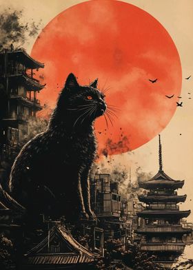 Black Cat Japanese Cityscape