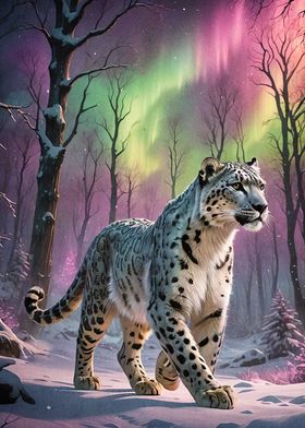 Snow Leopard Under Aurora Borealis