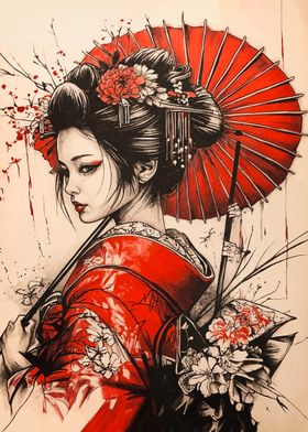 Geisha with Red Umbrella