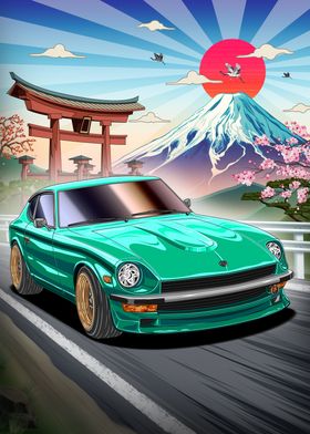 Datsun 240Z revving the engine in front Mt.Fuji