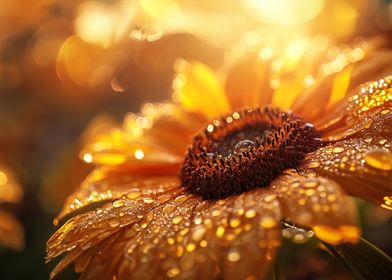 Dewy Sunflower Close-Up