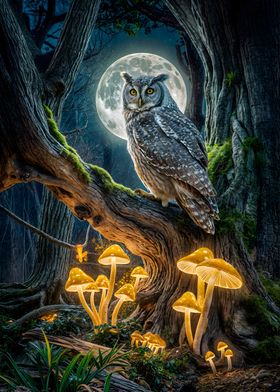 Owl in Moonlight Forest